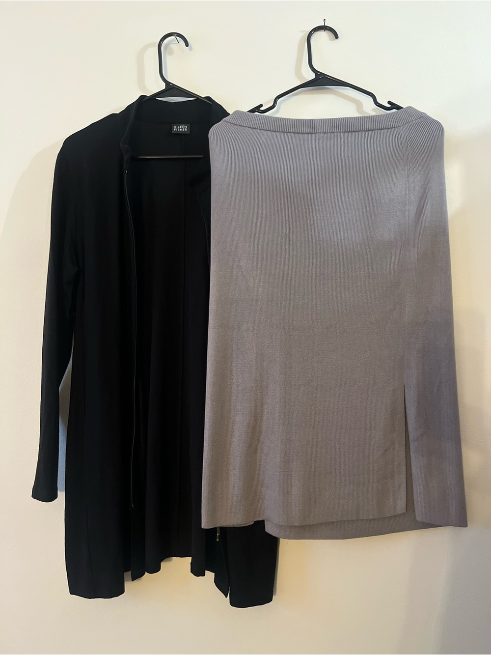 SET OF 2 EILEEN FISHER Black Zip Up Jacket & Gray Knit Midi Skirt